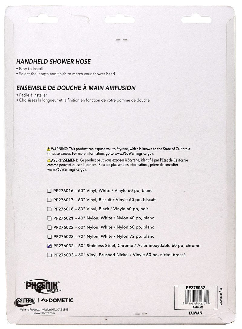 Phoenix Products 60" Stainless Steel Shower Hose — Chrome, Double Hooked (9-900-60)