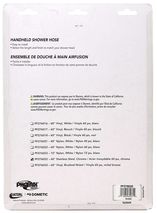 Phoenix Products 60" Stainless Steel Shower Hose — Chrome, Double Hooked (9-900-60)